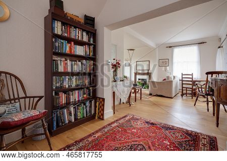 Foxton, Cambridgeshire - June 21 2018: Traditionally Furnished Open Plan Living Room With Exposed Ti