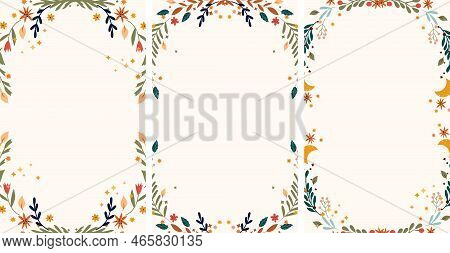 Bright Floral Border With Colorful Flowers, Leaves, Moon And Stars Around. Vintage Floral Frame Perf