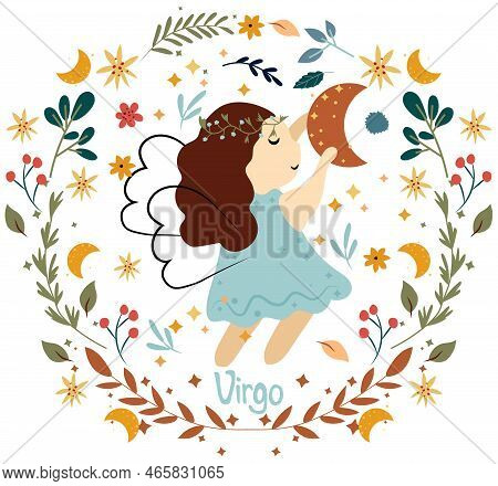 Virgo Zodiac In A Colorful Wreath Of Leaves And Flowers Around. Cute Virgo Perfect For Posters, Logo
