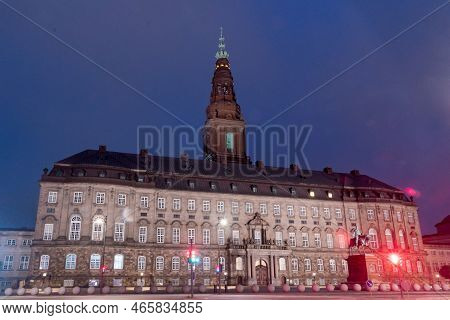 Copenhagen, Denmark - July 27, 2022: Night View On Danish Parliament (folketinget), Christiansborg P