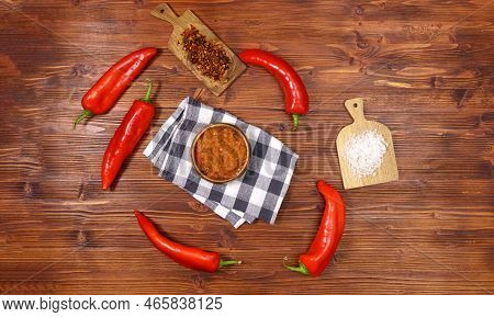 Balkan Snack Of Bell Pepper Ajvar And Eggplant. Vegan Food. Healthy Eating