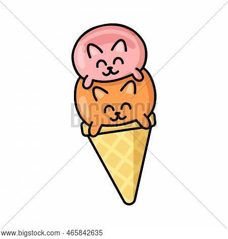 Cute Double Cat Ice Cream Sticker. Kawaii Kitties In Waffle Cone. Happy Animal Cartoon Character Vec