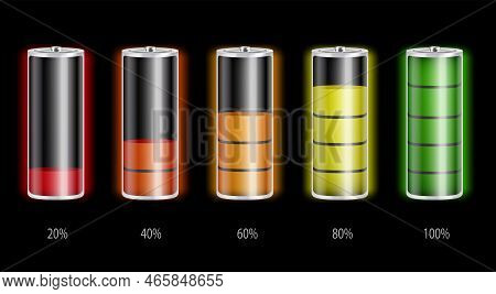 Batteries With Different Charge Levels Realistic Set Isolated On Black Background Vector Illustratio