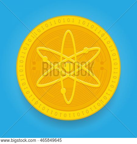 Cosmos Atom Golden Coin Isolated On Blue Background. Cryptocurrency Vector Illustration