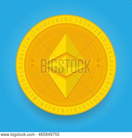 Ethereum Classic Etc Golden Coin Isolated On Blue Background. Cryptocurrency Vector Illustration