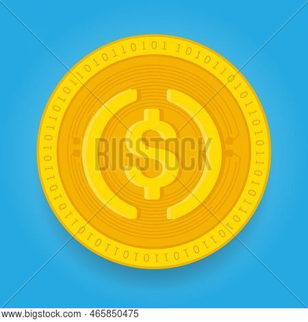 Usd Coin Usdc Golden Coin Isolated On Blue Background. Cryptocurrency Vector Illustration