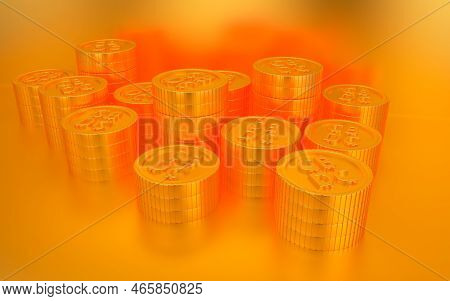 Stacks Of Gold Cbdc Money Coin On Golden Background. Finance, Saving And Money Exchange Investment C