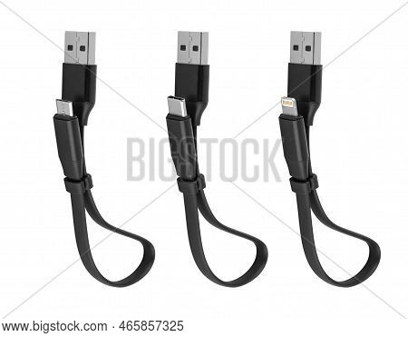 Cable With Type-c Microusb Usb Lightning Connector, Isolated On White Background