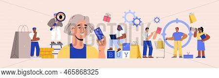 Consumer Behaviour And Customer Shopping Habits Research, Flat Vector Illustration Isolated.