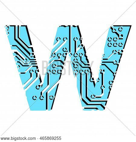 Latin Digital Letter W Perforated With Pcb Circuit Board Tracks Isolated On White. Colored Capital I