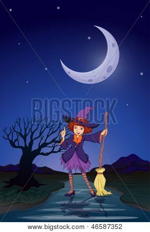 Illustration d'une sorcière à la route au milieu de la nuit