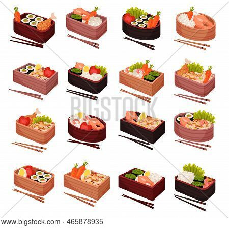 Japanese Bento Lunch Boxes And Chopsticks Set. Box Of Noodles, Rice, Salmon Fish, Shrimps, Vegetable