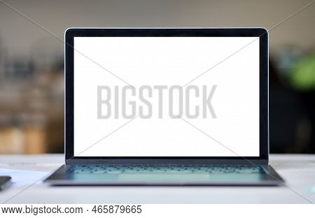 Laptop Pc Big White Blank Screen Digital Mockup Empty Template Display On Work Office Desk Or At Hom