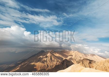 Aladaglar National Park. Cloudy Mountain Landscape. Glacial Mountains, Hills. Transmountain Trips. T
