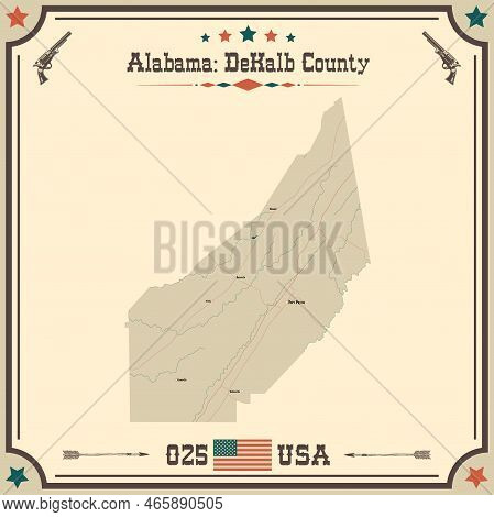 Large And Accurate Map Of Dekalb County, Alabama, Usa With Vintage Colors.