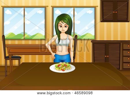 Ilustração de uma garota slim na frente de uma mesa com um prato cheio de alimentos