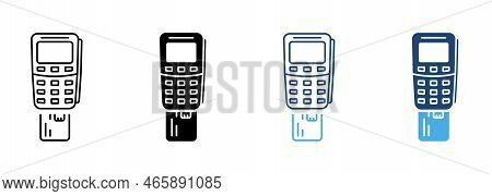 Payment Terminal With Inserted Credit Card Line And Silhouette Icon Set. Bank Service Financial Tran
