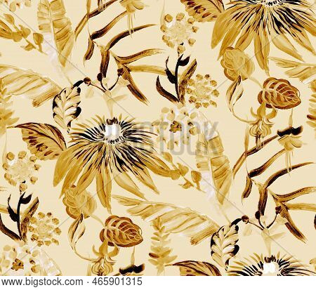 Bright Seamless Pattern With Multicolored Tropical Flowers And Leaves On A Green Background For Summ
