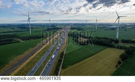 Brecht, Belgium, 6th Of July, 2022, Panoramic Aerial Drone View Of Wind Farm Or Wind Park, With High