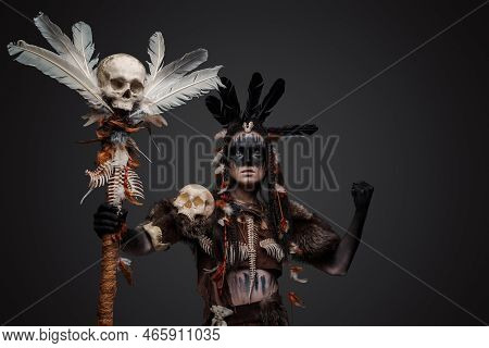 Powerful Female Necromancer With Staff And Painted Face