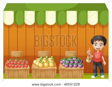 Illustration av en frukt butik med en ung pojke som bär en röd tröja på en vit bakgrund