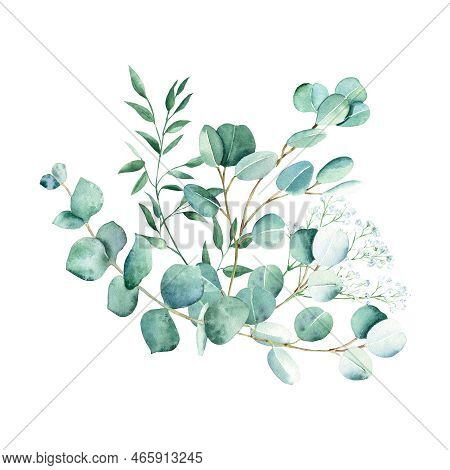 Watercolor Greenery Bouquet. Eucalyptus, Gypsophila And Pistachio Branches. Hand Drawn Botanical Ill