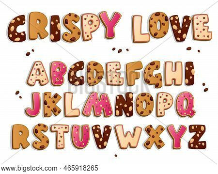 Random Cookies Alphabet. Set Of Lettering Cookies Style Design. Dark And White Chololate Chips And D