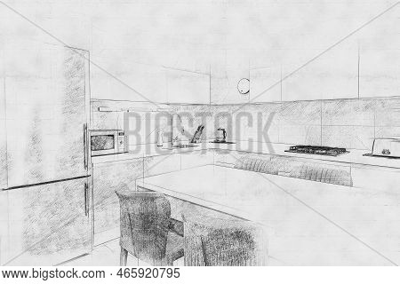Black And White Pencil Scetch Digital Art Of Modern New Kitchen In A Luxurious Apartment