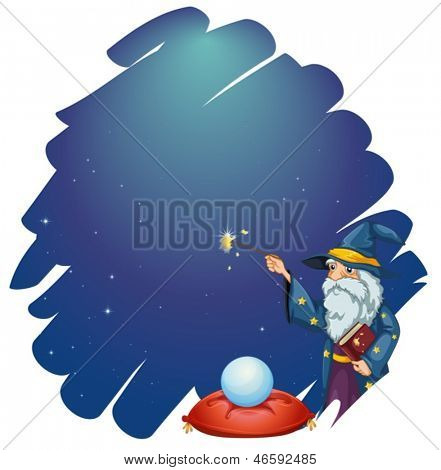 Abbildung eines Assistenten holding ein Zauberstab und ein Buch vor die Kristallkugel auf einem weißen bac