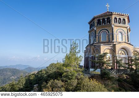 Drone Aerial Of Throni Of Panagia Kykkou Temple Landmark. Cyprus Europe.