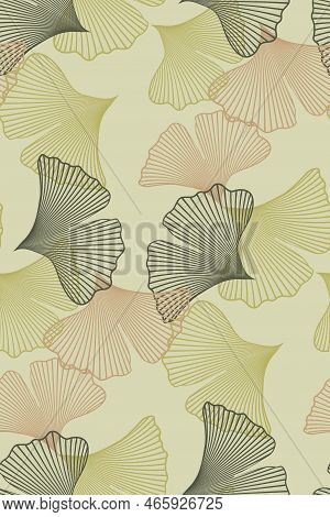 Seamless Pattern With Hand Drawn Ginkgo Biloba Leaves. Japanese Drawing Graphic Style, Logo Template