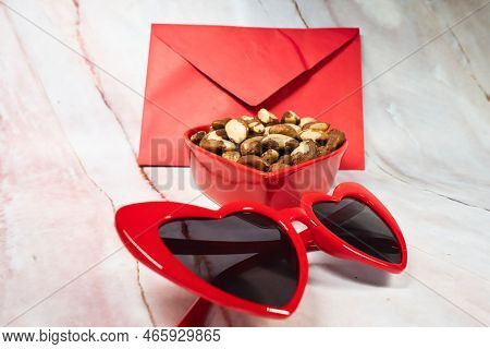 Heart Glasses, Dish With Brazil Nuts And Card Healthy Food And Shades