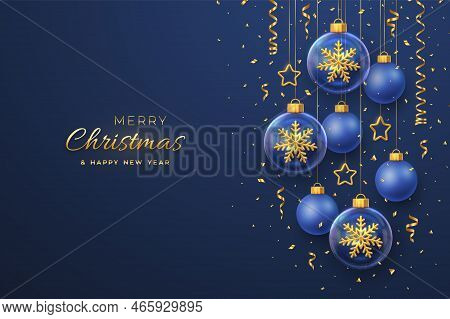 Merry Christmas Greeting Card. Golden Shining 3d Snowflakes In A Glass Bauble. Christmas Blue Backgr