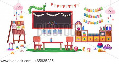 Kindergarten Or Primary School Interior Design Elements. Vector Cartoon Illustration Of Furniture, T