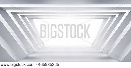 Abstract Room, White Corridor Space Of Trapezoidal Shape. Contemporary Construction, 3d Render Archi
