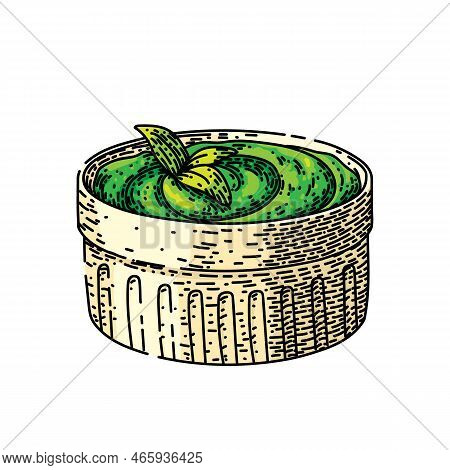 Bowl Pesto Hand Drawn Vector. Sauce Basil, Green Food, Top Dip, Seasoning Fresh, View Recipe, Ingred