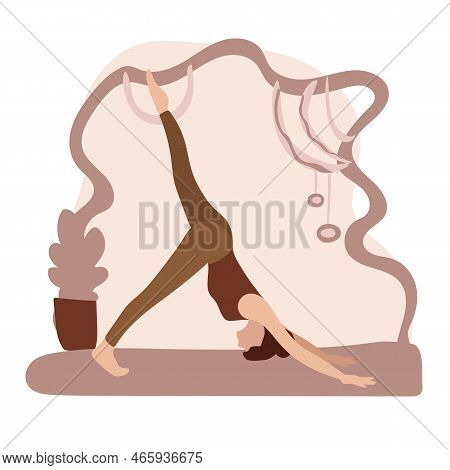 Woman Practice Yoga Exercise. Active Person Enjoying Aerobics. Woman Practicing Body Stretching, Fla