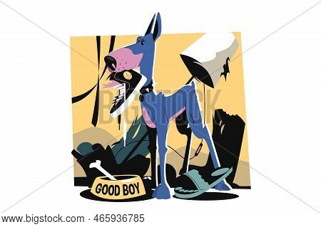 Angry Dog Holding Shoe In Teeth Vector Illustration. Wild Guard Dog Attack. Angry Pooch Idea. Beware