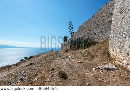 Landscape With The Lekuresi Castle At Sarande, Albania. A Fortress On Top Of A Mountain, Around The 