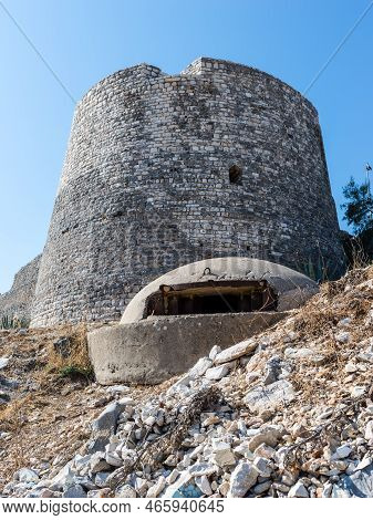 A Military Concrete Bunker And Lekuresi Castle At Saranda, Albania