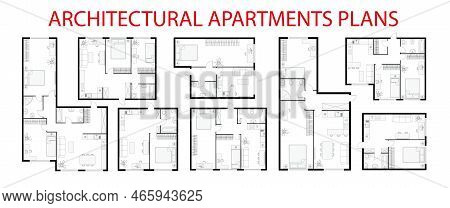 Plan Floor Apartments Set. One, Two Bedroom Apartment. Interior Design Elements Kitchen, Bedroom, Ba