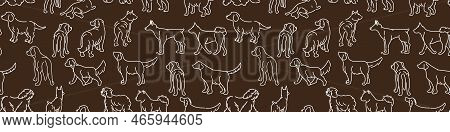 Drawing With Dogs In Different Poses. Line Graphics On A Dark Background. Light Lines On Dark. Suita