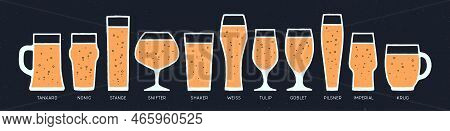 Beer Glassware Types. Poster Banner With Different Types Of Glass, Mug For Beer. Graphic Design Prin