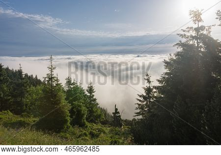 View From  Serak In Jeseniky Mountains On A Summer Foggy Morning And  Sea Of Clouds Around Mountain 