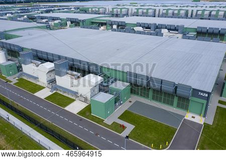Middenmeer, The Netherlands - 9 Augustus 2021: Drone Aerial View Of New Microsoft Datacenters . The 