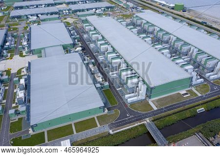 Middenmeer, The Netherlands - 9 Augustus 2021: Drone Aerial View Of New Microsoft Datacenters . The 
