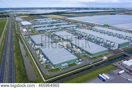 Middenmeer, The Netherlands - 9 Augustus 2021: Drone Aerial View Of New Microsoft Datacenters . The 