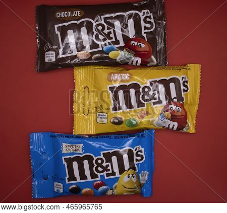 March 29, 2022 Ukraine City Kyiv Candy M And Ms On A Colored Background