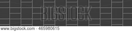 Black Basketweave Tile Wall. Pavement Texture. Stone Or Ceramic Brick Background. Kitchen Backsplash