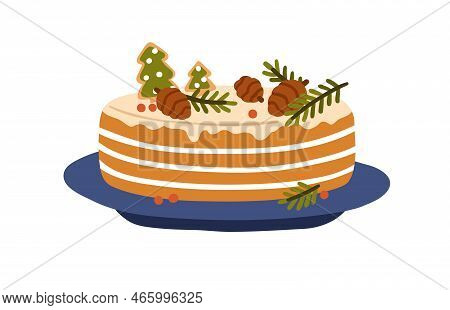 Christmas Holiday Cake. Sweet Xmas Dessert, Sugar Food Decorated With Cones, Fir Tree Cookies, Branc